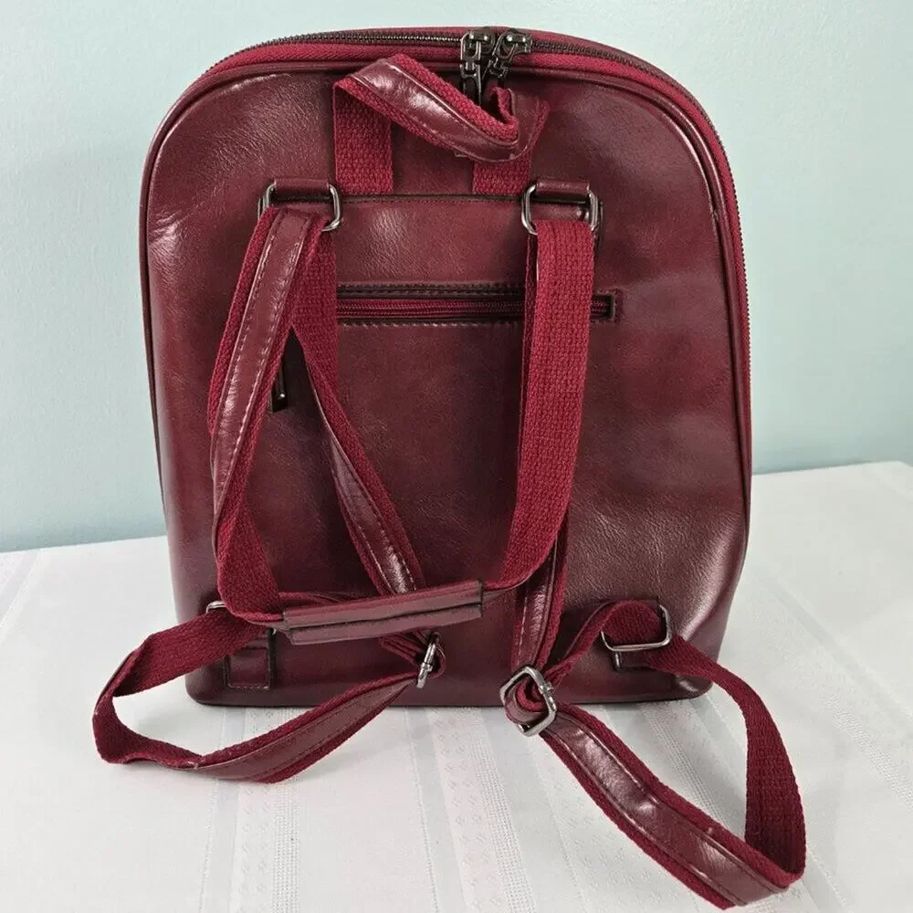 Backpack Mid-Size Burgundy Hard Shell Faux Leather Zipper Closure Adj Straps NEW